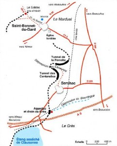 L'aqueduc de Saint-Bonnet à Sernhac. Dessin de Nouvelles Presses du Languedoc. "L'aqueduc du pont du Gard", V. Larnac et F. Garrigue- 1999