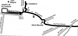 Castellum à Nîmes Plan de situation- Document N.P.L. "L'aqueduc du pont du Gard"