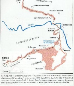 Tracé de l'aqueduc. Carte établie par G. Tendille pour illustrer l'ouvrage "L'aqueduc du pont du Gard " C. Larnac et F. Garrigue' 1999