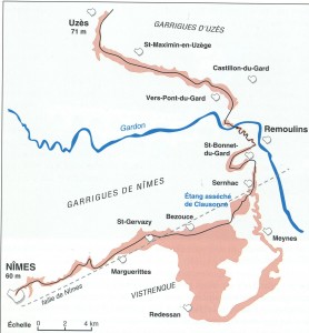 Le tracé de l'aqueduc de Nîmes- Schéma établi par G. Tendille- L'aqueduc du pont du Gard, C. Larnac et F. Garrigue, p. 18