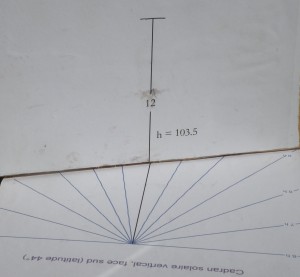 Sans être mathématicien, on peut graduer un cadran solaire vertical en joignant simplement le point en haut de la table verticale aux intersections de la parie horizontale. (Collection C.L.)