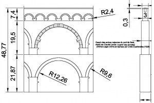 Dessin établi par C. Larnac des arches majeures du pont du Gard d'après les données d'Alfred Léger (1875) reprises par Emile Espérendieu (1926)